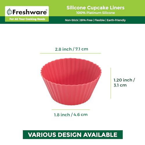 Freshware Cupcake Liners - Pack of 12 Silicone Muffin Cups, 2.8 Inch Baking Cups, Reusable & Non-stick for Party, Halloween, Christmas, Round - color: Red & Black Round [12-Pack]
