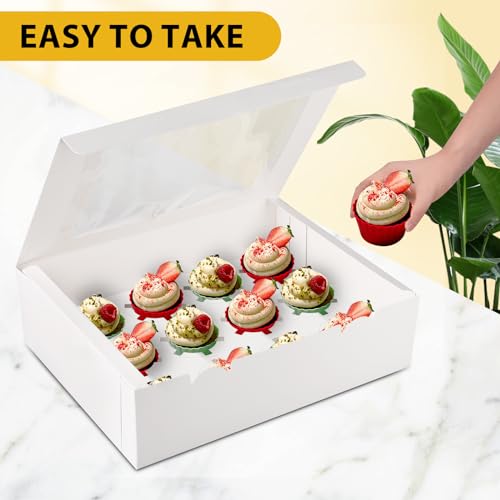 12-Count White Cupcake Boxes with Window and Insert, 13x10x3.5 Inch, Set of 10, Suitable for Cupcakes, Muffins, and Cookies