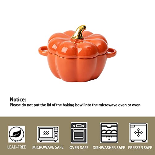 Pumpkin Bowl Set with Lid and Handle, 14 Oz Ceramic Ramekins for Baking, Casserole Dish Individual Severing Pot, Stoneware, Oven Safe (Orange) - color: Orange