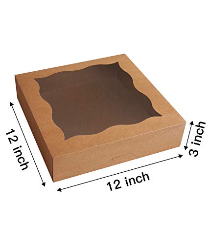 CHERRY 12"x12"x3" Brown Bakery Boxes with PVC Window for Pie and Cookies Boxes Large Natural Kraft Paper Box, Pack of 12