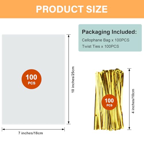 ZHEWTOEN 100 Pcs 7x10 Inch Clear Cellophane Bags with Color Twist Ties - color: Clear-7x10inch