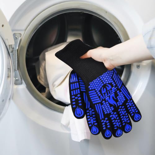 BBQ Gloves, 1472°F Heat Resistant with Silicone Grip Oven Mitts - color: Blue, size: Long (Glove L 13.78" × Palm W 6.33")