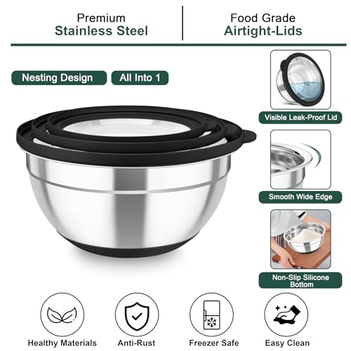 TeamFar Mixing Bowls with Colander, Stainless Steel Salad Bowls, Black - color: Black