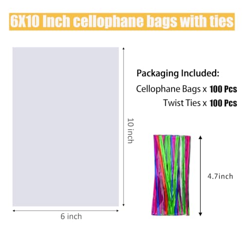 Nobranded 100 pcs Clear 6" x 10" Flat Cello Cellophane Bags Poly Treat Bags 2.8 mils for Gift Wrapping, Bakery, Cookie, Candies, Toast, Dessert, Party Favors Packaging - size: 6x10 Inch (Pack of 100)
