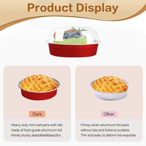 Mini Cake Pans With Lids And Spoons, Baking Tins For Round Small Desserts 7 Oz Aluminum Foil Baking Pans Disposable Ramekins Individual Cake Containers Holders For Tart Quiche Flan (50, Red) - color: Red
