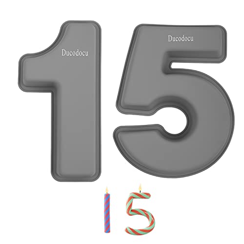 Ducodocu Silicone Number Cake Pan Large 3D Number Cake Mold Baking Forms Novel Cake Tins DIY Baking Mold for 15/51th Birthday Wedding Anniversary 10 inch Number of 1&5, 2 Pack - size: 1&5