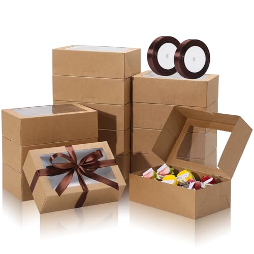 COTOPHER 30Pcs Cookie Boxes with Ribbons, 9x6x3 Inch Brown Bakery Boxes - color: Brown