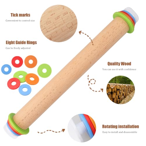 Adjustable Rolling Pin with Thickness Rings, 17 Inch Wood Roller - size: 17INCH
