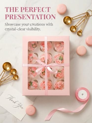 qiqee Auto-pop Up Cupcake Boxes with Window Pink 40PCS 12 Count Cupcake Box 13"x10"x3.5" Cupcakes Carrier, 12 Cupcake Containers with 2 rolls of pink ribbons - color: Pink, size: 12 Holder/40 Packs