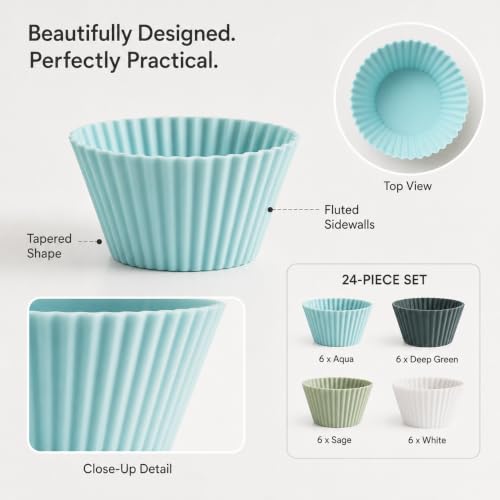 Reusable Silicone Muffin Liners – 24-Pack Cupcake Baking Cups, BPA-Free, Regular Size, Assorted White/Blue/Green