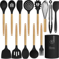 oannao Silicone Cooking Utensils Set Utensil Sets - 446°F Heat Resistant Silicone Kitchen Utensils Set Wooden Handles, Silicone Utensils for Cooking w Holder for Non-Stick Cookware BPA FREE (Black) - color: Black