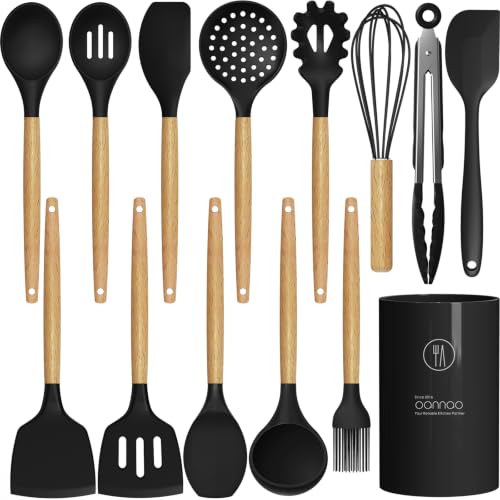 oannao Silicone Cooking Utensils Set Utensil Sets - 446°F Heat Resistant Silicone Kitchen Utensils Set Wooden Handles, Silicone Utensils for Cooking w Holder for Non-Stick Cookware BPA FREE (Black) - color: Black