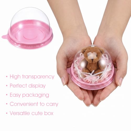200 Set Mini Cupcake Boxes, 2.76x2.76x2 inch Clear Plastic Container Box with Pink Base & Dome Lid for Muffin, Pastry, Dessert, Mooncake, Wedding Birthday Party Supplies