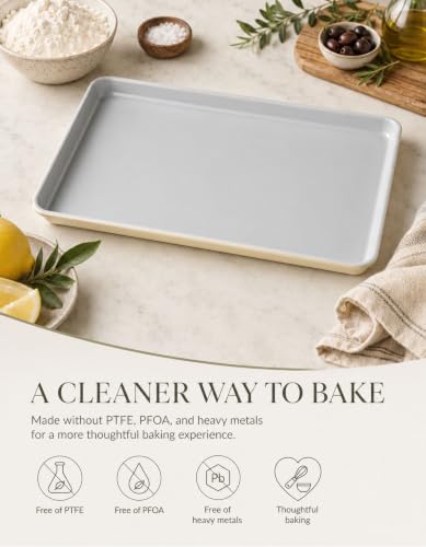 Boxiki Kitchen Ceramic Baking Sheet Half Size 17"x11" - Heavy Duty 0.6mm Aluminized Steel Pan, KFCC Ceramic Coating Nonstick Cookie Sheet, Oven Safe to 550°F, Rustproof & Warp Resistant Baking Tray - color: Half Ceramic Sheet Cream