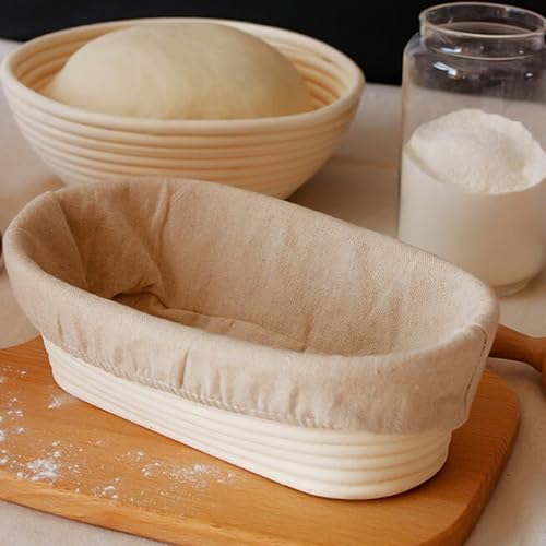 Oval Bread Proofing Basket, 10 inch Sourdough Proofing Bowls with Liners, Handmade Rattan Baskets for Bread Making Baking Fermentation - Set of 2