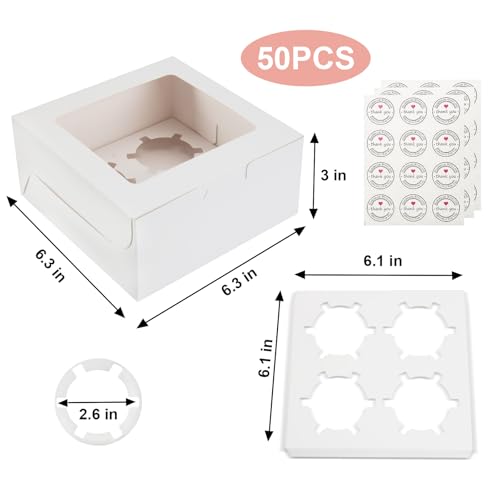 OAMCEG Cupcake Boxes with Window, 6x6x3 Inches Cookie Boxes,50 Pack,White - color: white-stickersA-50pcs