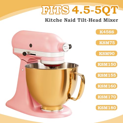 5 Quart Mixing Bowl for KitchenAid Stand Mixers, Food-Grade Stainless Steel Bowl with Handle & Clasp, Compatible with Tilt-Head 4.5–5 Qt Models – Fits K45, K45SS, KSM75, KSM150, KSM95 - color: Golden, size: 5QT
