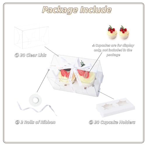 20 Packs 2 Count Clear Cupcake Boxes Cup Cake Holder Containers with Gift Ribbon Cookies Muffins Packaging for Party Baking Wedding plastic Cupcake Carrier for Treat Dessert