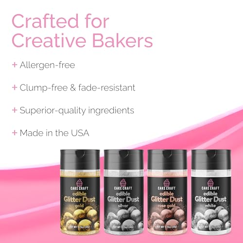 Cake Craft Edible Glitter Dust 4-Pack | 100% Edible Food-Safe Glitter for Cakes, Cupcakes, Cocktails & Desserts | Gold, Silver, Rose Gold, White - color: Gold, Silver, Rose Gold, White, size: Pack of 4
