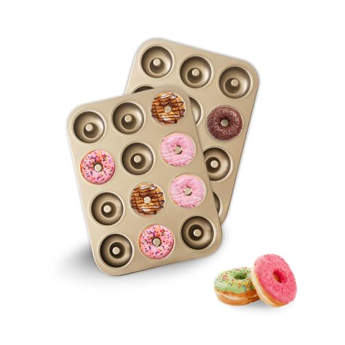 Donut Pans 2 Pack, 12 Cavity Nonstick Doughnut Trays, Gold