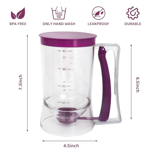 Pancake Batter Dispenser, Kitchen Must Have Tool for Perfect Pancakes, Cupcake, Waffle, Cake & Crepe, Batter Separator Maker with Measuring Label, Easy Pour Baking Supplies for Griddle (Purple) - color: Purple