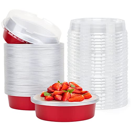 Beasea Disposable Mini Pie Tins with Lids, 50 Pack 4” 8oz Bright Red Aluminum Baking Foil Tins Small Round Tart Container for Individual Dessert Cupcake Muffin Cheesecake Ramekin Quiche Oven Dishes - color: Bright Red