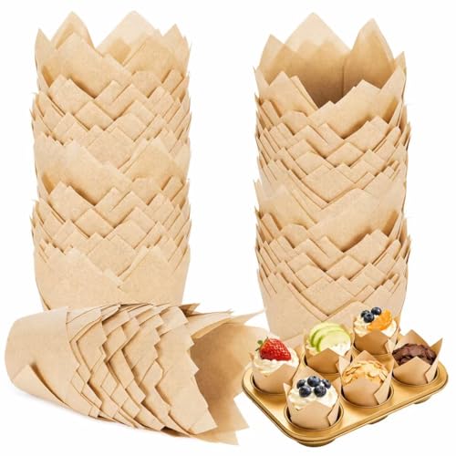 200 Pcs Natural Tulip Cupcake Liners For Baking, Greaseproof Muffin Liners