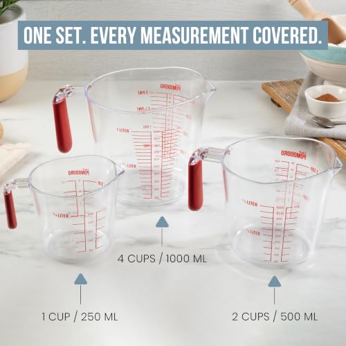 Chef Pomodoro Liquid Measuring Cups Set, Plastic, Fade-Proof Marks, 3pc