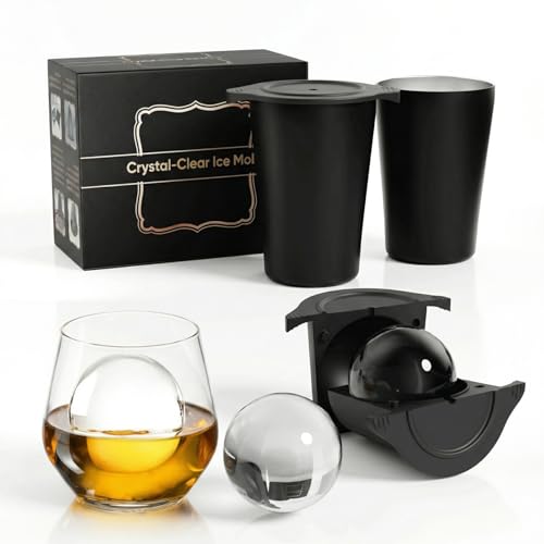 2.5" Clear Ice Ball Maker - Stainless Steel Sphere Ice Mold for Whiskey & Cocktails, Crystal Clear Round Ice Cube Tray with Easy-Release Silicone, Bourbon Gifts for Men, 2 Pack (Black) - size: 2 PACK