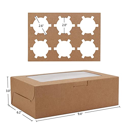 EUSOAR Cupcake Boxes, 50pcs 9.4" x 6.2" x 3.0" Muffin Containers 6 Count with Insert and Display Window, Kraft Muffin Cupcake Box Carrier Packaging Cupcake Boxes Fits 6 Cupcakes or Muffins - color: Kraft, size: 50pcs, 6 Holders