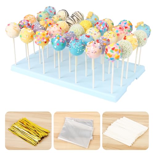 35-Hole Blue Cake Pop Stand with 100 Sticks, 100 Bags & 100 Gold Ties - color: Blue