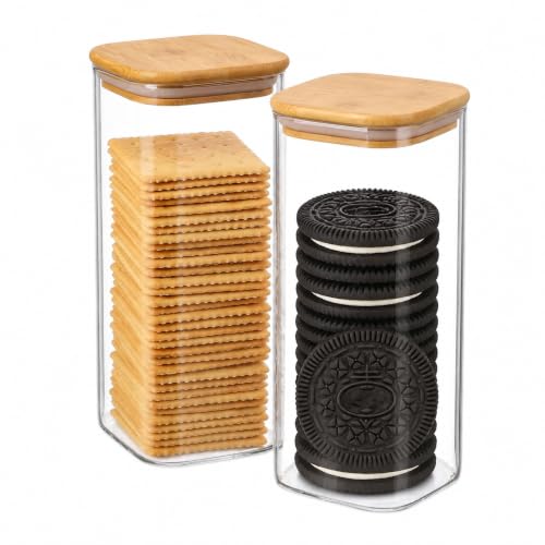 Cracker and Cookie Keeper, 2 Pack Glass Cookie Jar with Wooden Lids
