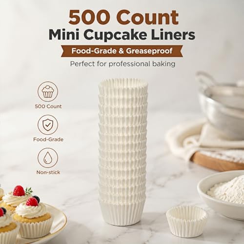 Non-stick 500 Count White Mini Cupcake Liners for Baking, Food-grade Cupcake Wrapper, Greaseproof Parchment Muffin Liners,Baking Cups for Cupcakes, Muffins, Nuts - color: White