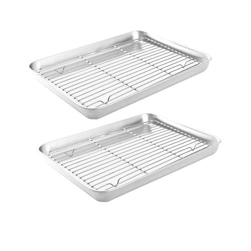 Small Deep Cookie Baking Sheet Pans with Cooling Wire Rest Racks Set 18/8 (304) Stainless Steel Tiny Serving Trays 10.4 x8.1 x1.1Inch Dishwasher Safe for 1~2 Person 2Pans & 2Racks - size: Small 10.4X8.1 Inch