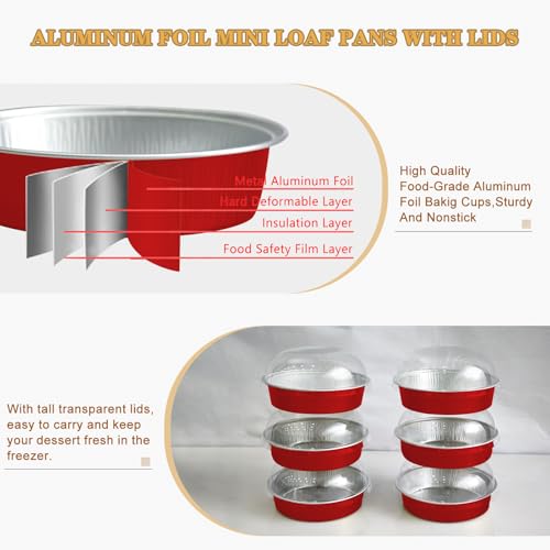 Mini Cake Pans With Lids And Spoons, Baking Tins For Round Small Desserts 7 Oz Aluminum Foil Baking Pans Disposable Ramekins Individual Cake Containers Holders For Tart Quiche Flan (50, Red) - color: Red