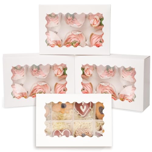 qiqee White 6 Cupcake Boxes with Window Auto-pop up 30 Packs Cupcake Box 9.4"x6.1"x3.3" Bakery Boxes For Cupcakes Carrier, Cupcake Containers - color: White, size: 6 Holder/30 Packs