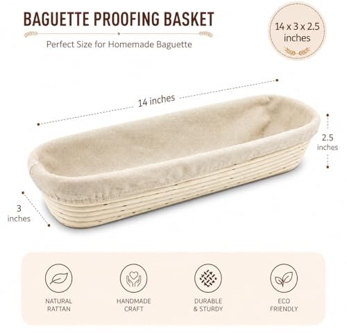 Vollum Bread Proofing Basket with Liner – Sourdough Baguette Brotform - size: 13.5" x 3.5" x 2.5"H, style: Rectangular