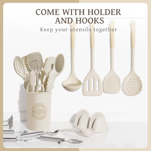 Kikcoin 43 PCS Silicone Kitchen Utensils Set, Cooking Utensils Set, Cream - color: Cream