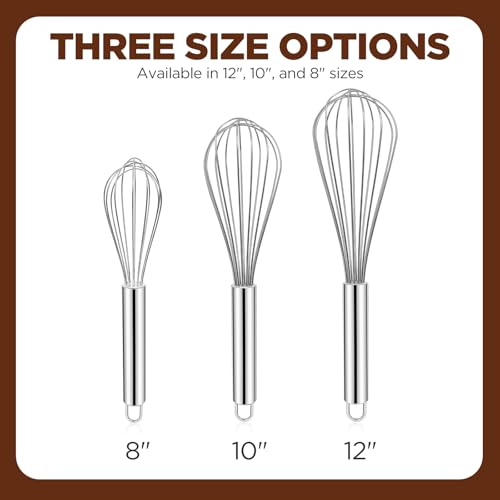 3-Pack Stainless Steel Kitchen Whisks, 8/10/12 Inch Wire Balloon Whisk Set for Cooking, Whipping, Mixing & Baking