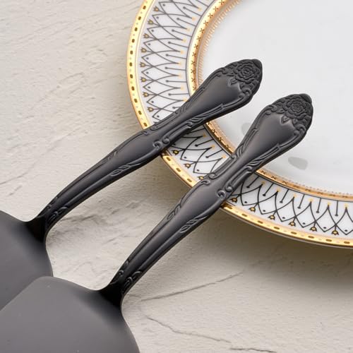 3-Piece Matte Black Cake Server Set with Rose Handle - color: Black