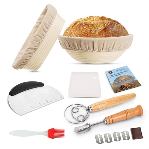 Sourdough Starter Kit of 9-Inch Round and 10-Inch Oval Banetton Proofing Baskets Complete Sourdough Bread Baking Supplies, Bread Lame + Dough Wisk + Stainless Steel Dough Scrapers + Cleaning Brush - style: Sourdough Kit