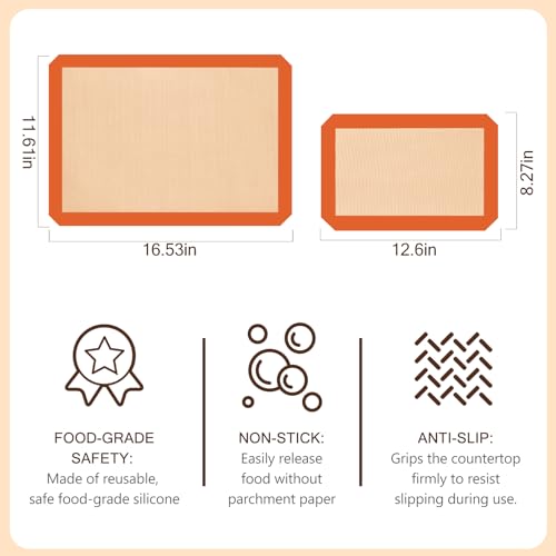 Silicone Baking Mat Set of 3, Non-Stick 2 Half & 1 Quarter Sheets - color: Orange, size: 2Half Sheets+1Quarter