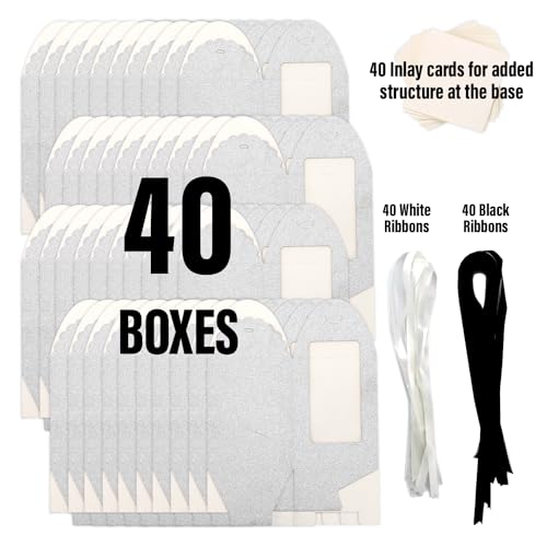 Silver Sparkling Favor Boxex-40 Ct Large 4"x4"x5" Clear Window. Includes 2 Ribbons (40 White 40 Black) Stemless Wine Glass Gift Box. Bottom Insert for Durability. Ideal for Weddings, Events, Christmas - color: Silver