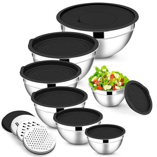 E-far Stainless Steel Mixing Bowls, 7PCS Mixing Bowls with Airtight Lids - color: Black, size: 7 Regular Sizes