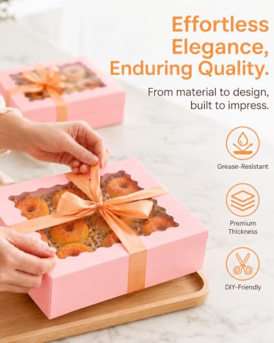 qiqee Auto-pop up Pink Pie Boxes with Window 10x10x2.5 inch 30Packs Cookie Donut Bakery Box - color: Pink, size: 10"x10"x2.5"/30 Pcs