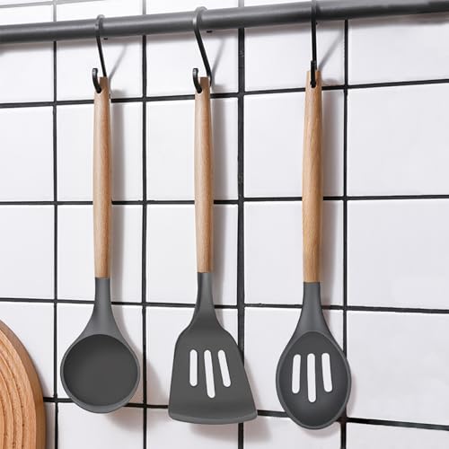 Kitchen Cooking Utensils Set, 6Pcs Silicone Kitchen Utensils Set Spatula Spoon Soup Ladle Turner, Heat Resistant Wooden Handle Silicone Cooking Gadgets for Nonstick Cookware & Baking BPA FREE - color: Gray, size: Standard 6-Piece Set