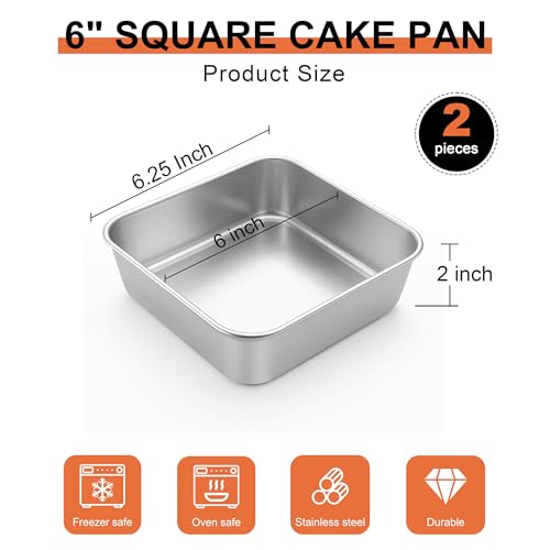 LIANYU 2 Pack 6 x 6 Inch Square Baking Cake Pan, Stainless Steel Cake Molds - size: 6'' x 6''
