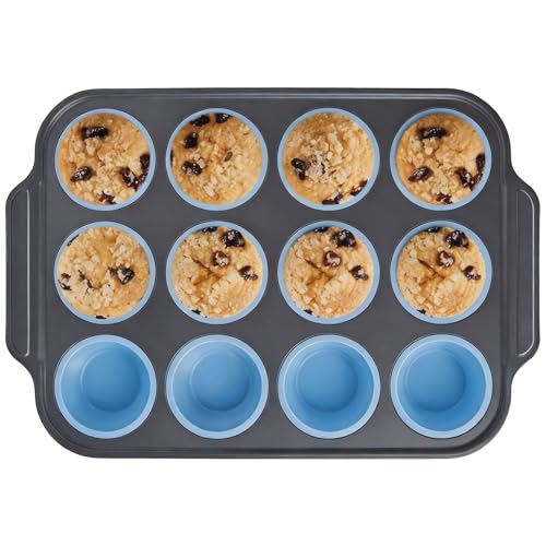 Rigid-Frame Silicone Muffin Pan for Baking,No-Spill Easy-Transfer Design,Reinforced Steel Frame, Non-Stick & Dishwasher Safe,12-Cup Regular Size Muffin & Cupcake Pan Bakeware for Oven (Blue 1pcs) - size: 1pcs