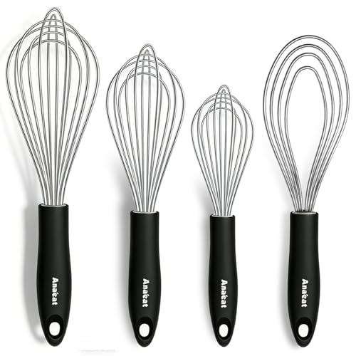 Anaeat Stainless Steel Kitchen Whisk Set of 4, Milk and Egg Beater Blender with Thick Wire for Whisking, Cooking, Baking, Beating and Stirring - 11'' Flat Whisk and 9''+11''+12'' Balloon Whisks - color: 4 Pcs Silver, size: 9+11+12 &11 inch