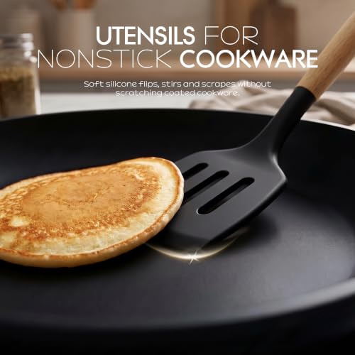 oannao Silicone Cooking Utensils Set Utensil Sets - 446°F Heat Resistant Silicone Kitchen Utensils Set Wooden Handles, Silicone Utensils for Cooking w Holder for Non-Stick Cookware BPA FREE (Black) - color: Black